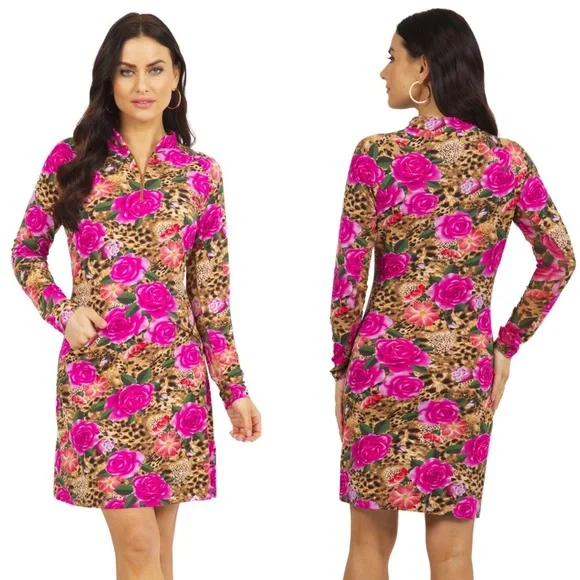 IBKUL Long Sleeve Dress Jovanna Animal Print Mobwife Performance Stretch  COOLING